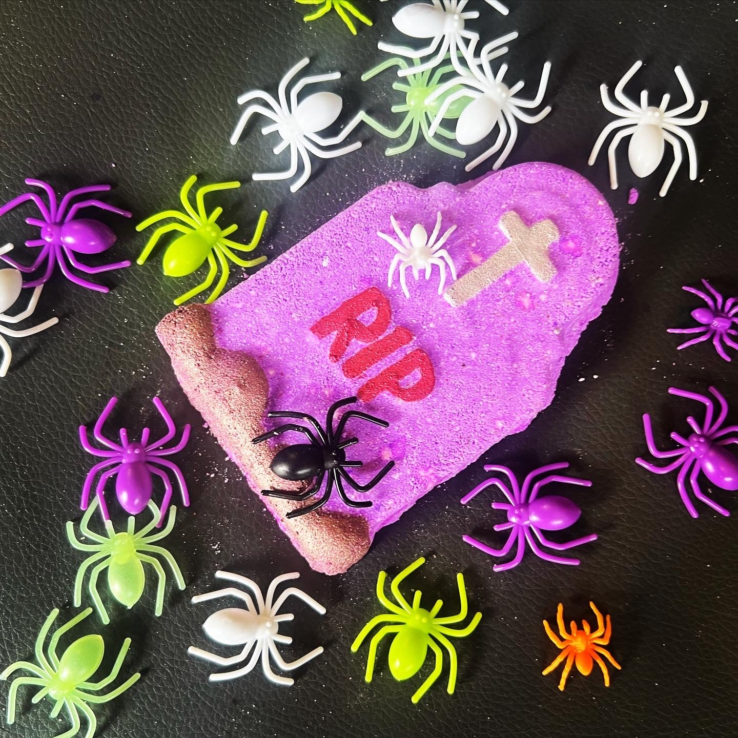RIP Halloween Tombstone Bath Bomb with spiders on!